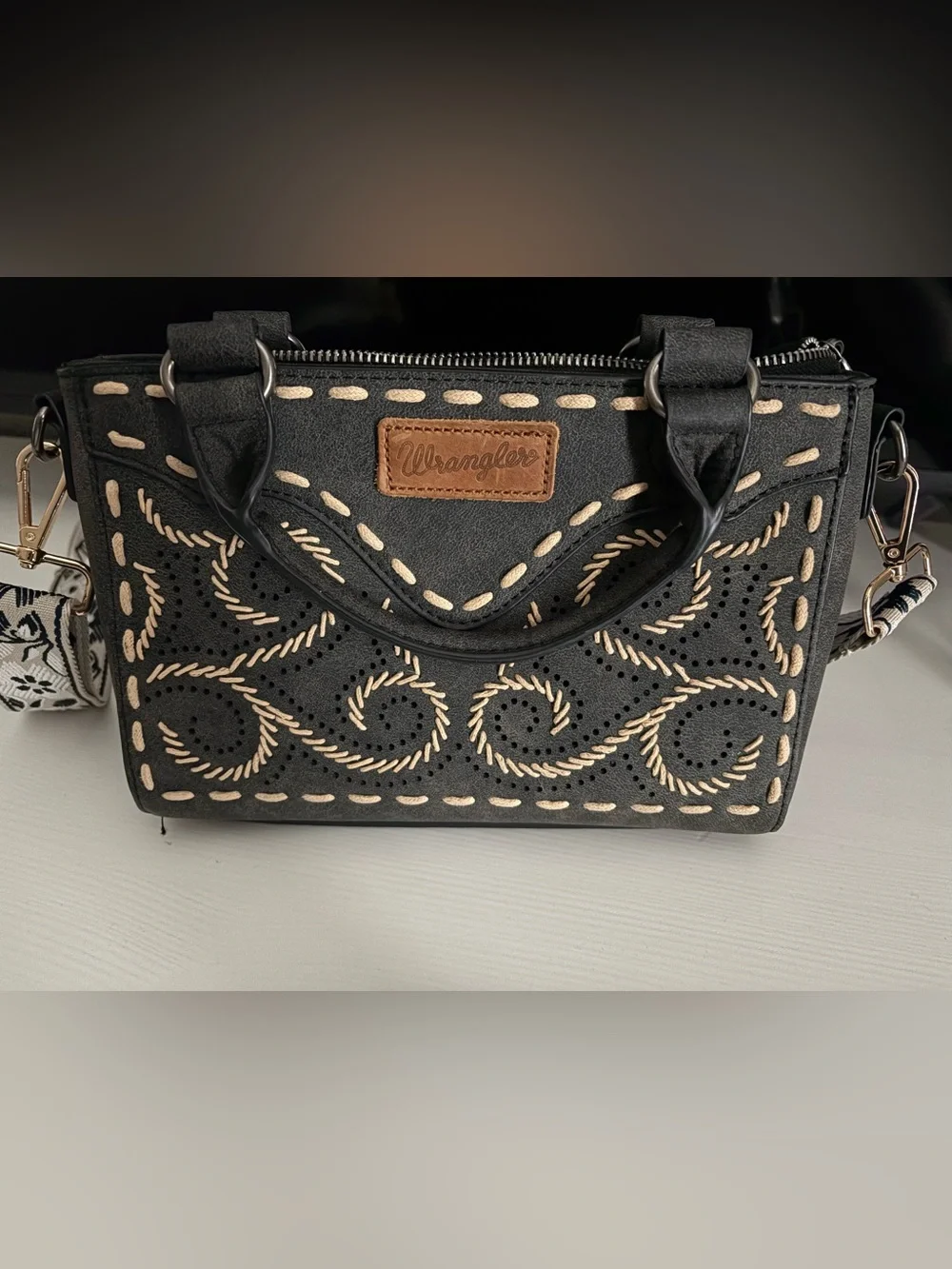 Wrangler Black Embroidered Leather Crossbody Bag